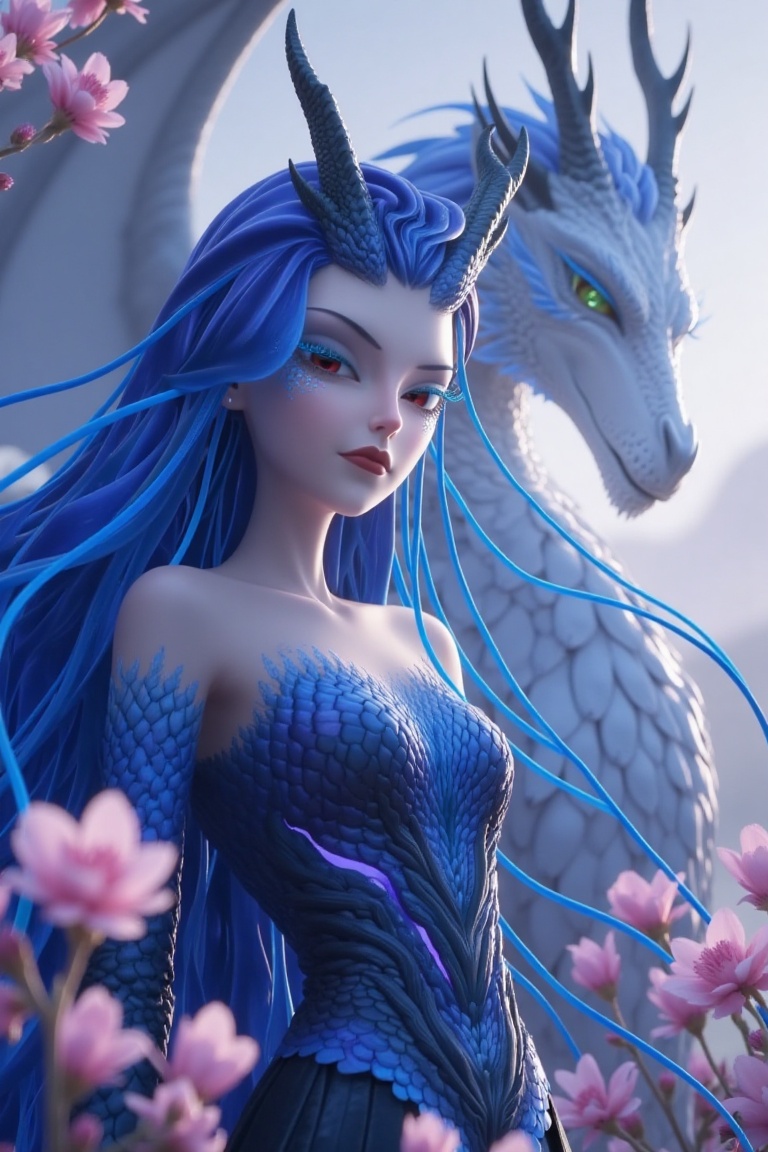 This image depicts a fantasy character with striking blue hair and a dragon-like appearance. The character is adorned in a...