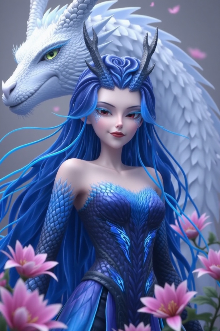 This image depicts a fantasy character with striking blue hair and a dragon-like appearance. The character is adorned in a...