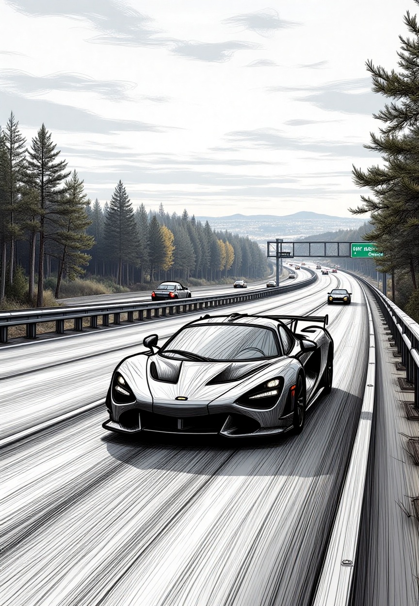 hand-drawn sketch fusion with realism,  rough hand-drawn sketch stroke super car soaring at realistic highway city with ha...