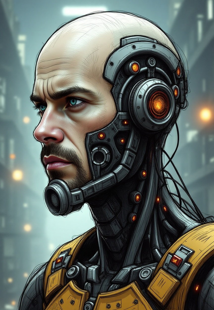 hand-drawn sketch fusion with realism,  rough hand-drawn sketch cyberpunk male cyborg with a completely bald head,  realis...