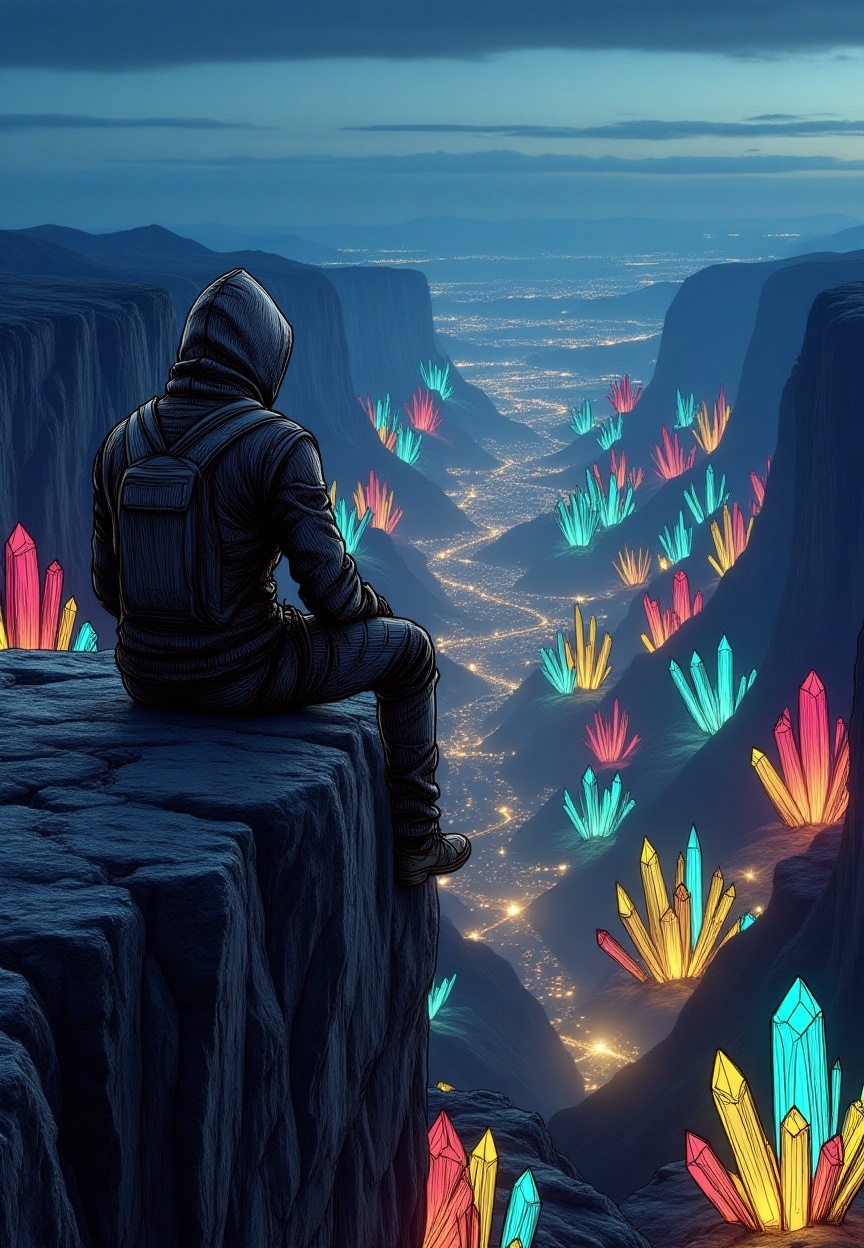 hand-drawn sketch fusion with realism,  rough hand-drawn sketch stroke mysterious hooded man,  sitting on top of cliff whi...