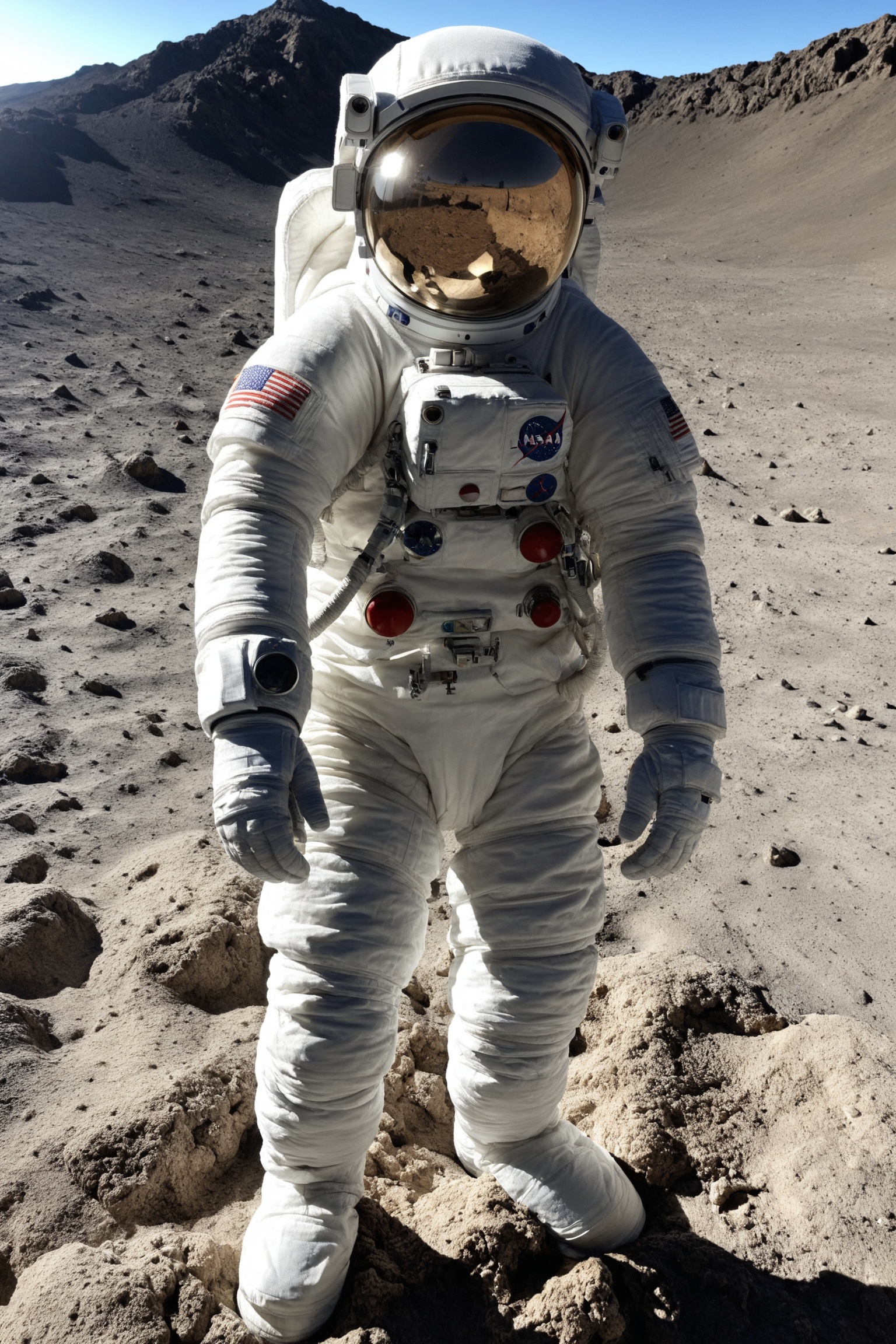 A captivating and realistic portrayal of an astronaut exploring the lunar surface. The astronaut should be wearing a space...