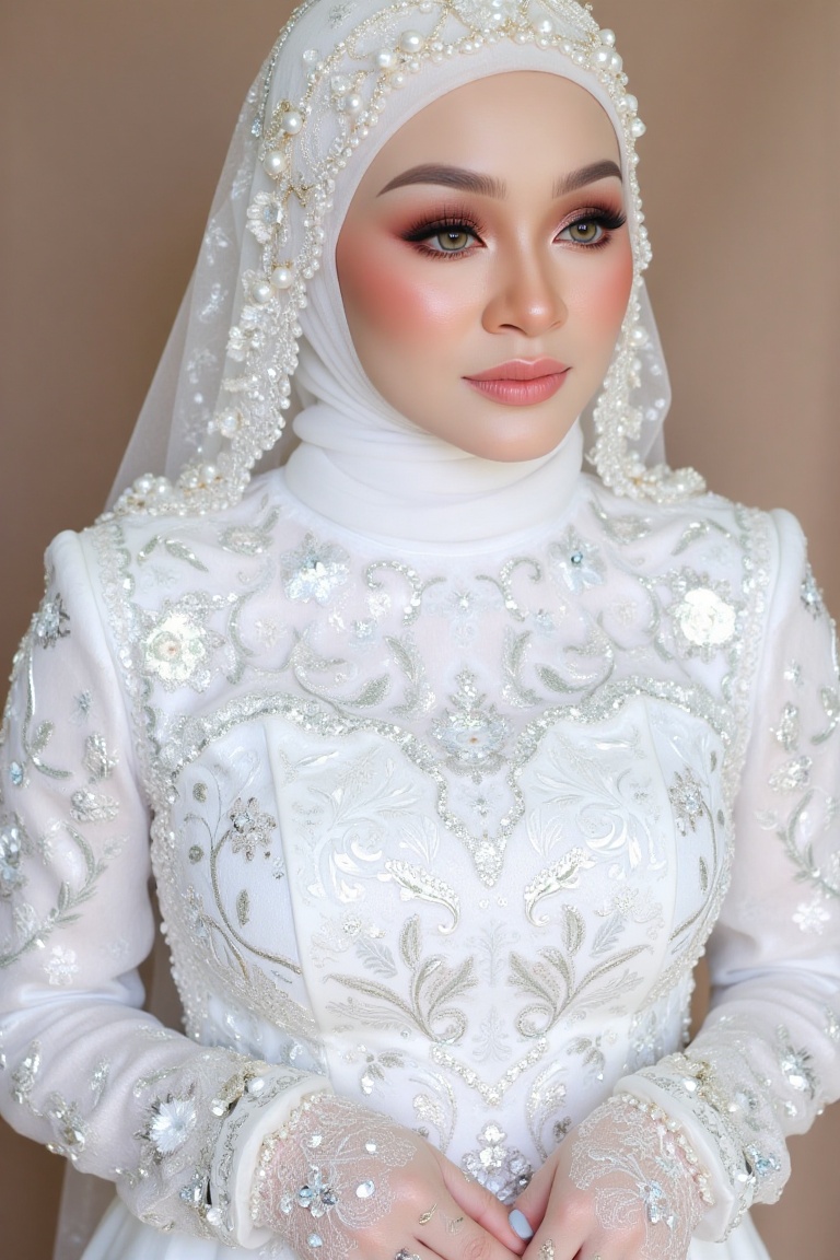 Here's a refined SD prompt: Render an image of a stunning bride standing in sharp focus,  bathed in soft,  ethereal lighti...