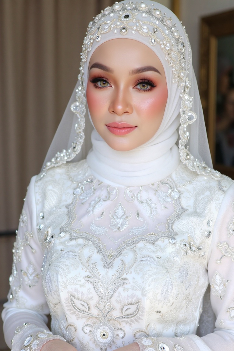 Here's a refined SD prompt: Render an image of a stunning bride standing in sharp focus,  bathed in soft,  ethereal lighti...