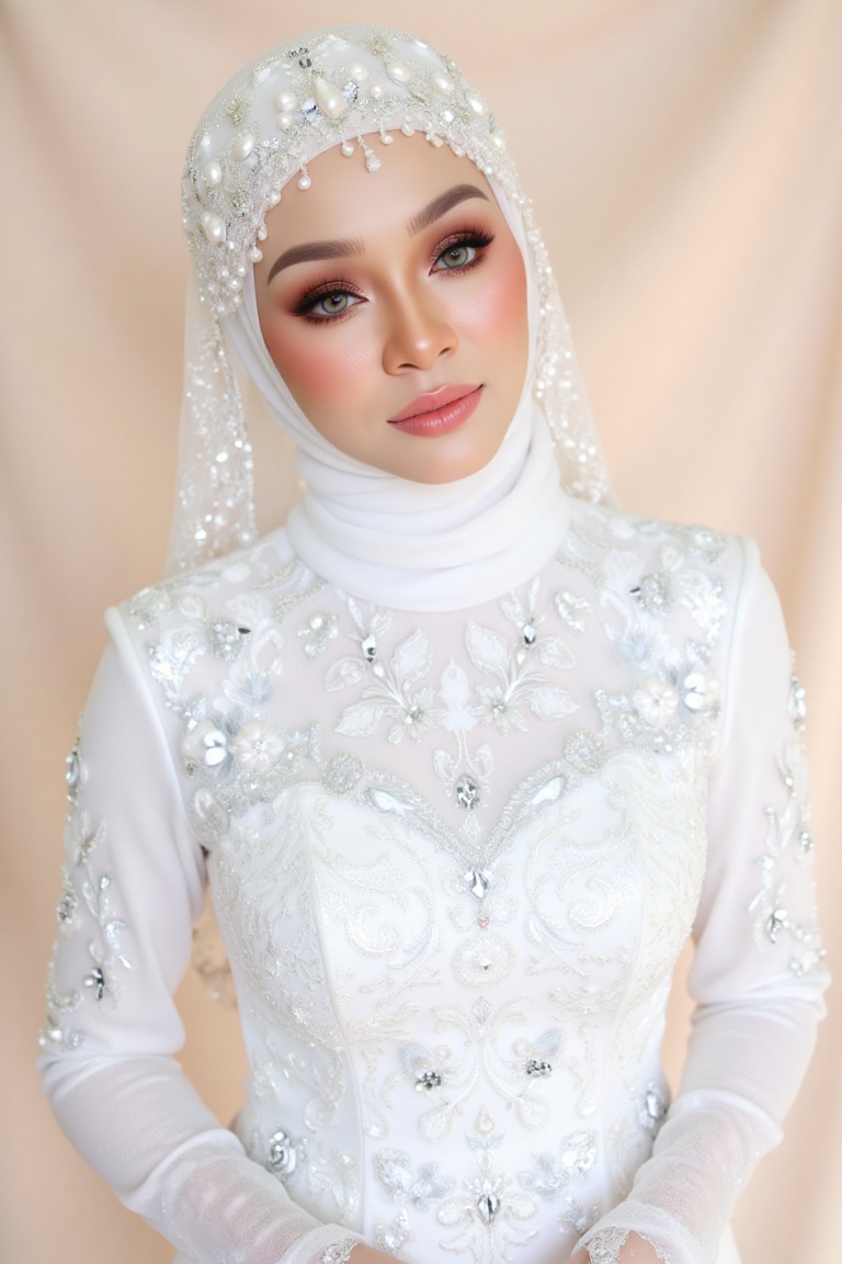 A breathtakingly beautiful bride,  radiant in her stunning white attire,  stands majestically against a soft on Tensor.Art