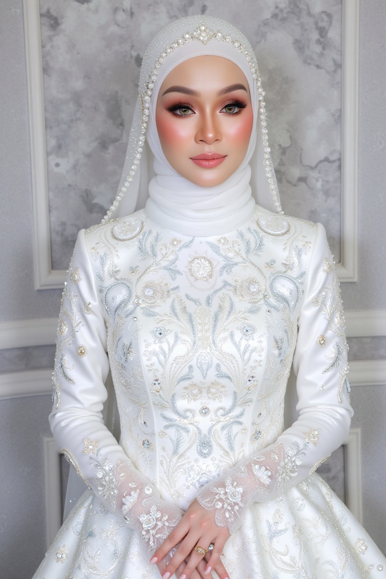 Here's a refined SD prompt: Render an image of a stunning bride standing in sharp focus,  bathed in soft,  ethereal lighti...