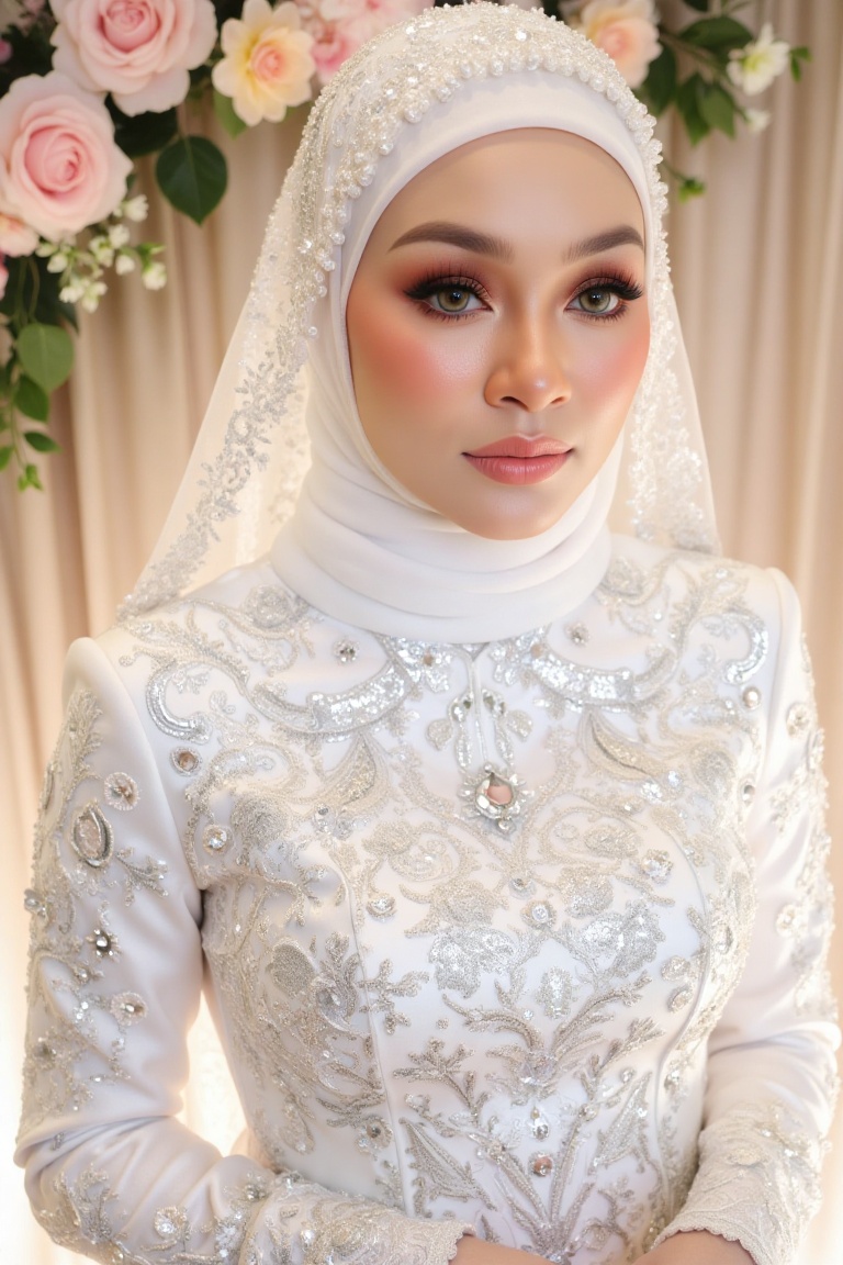 **Stunning Bride** A majestic shot framing the bride's serene expression amidst an ethereal glow,  with her delicate hijab...