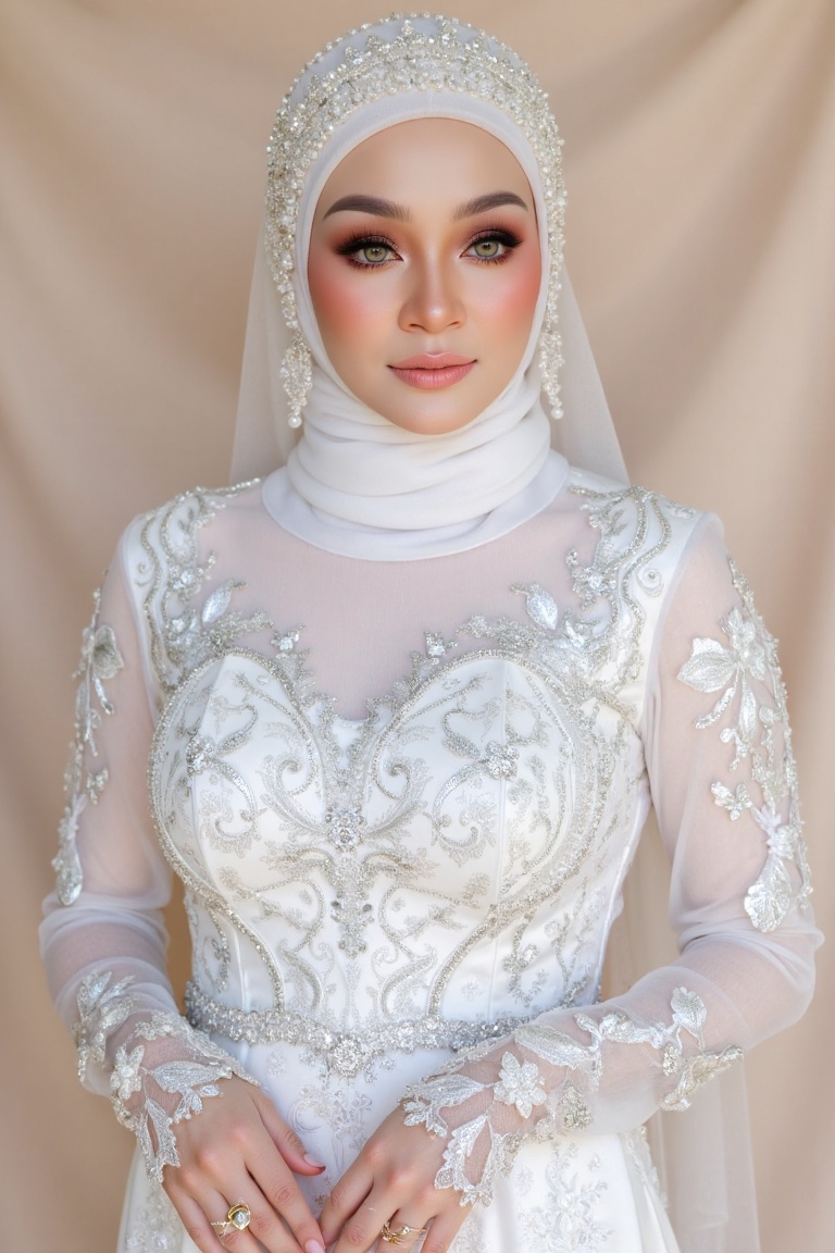 A breathtaking bridal portrait! The framing is elegant,  with the subject standing confidently against a subtle,  creamy b...