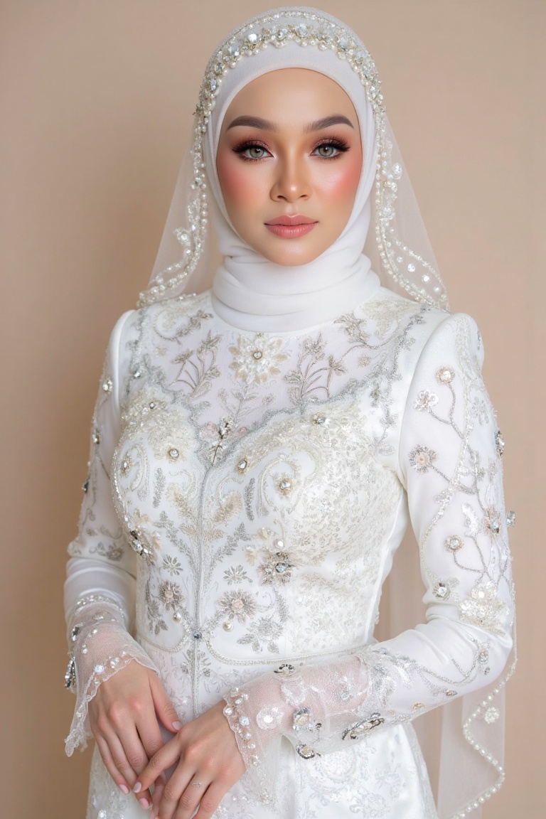 A breathtaking bridal portrait! The framing is elegant,  with the subject standing confidently against a subtle,  creamy b...