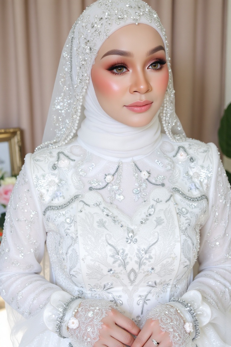 Here's a prompt for an SD image: A stunning,  contemporary bride stands in luminous splendor,  her white attire shimmering...
