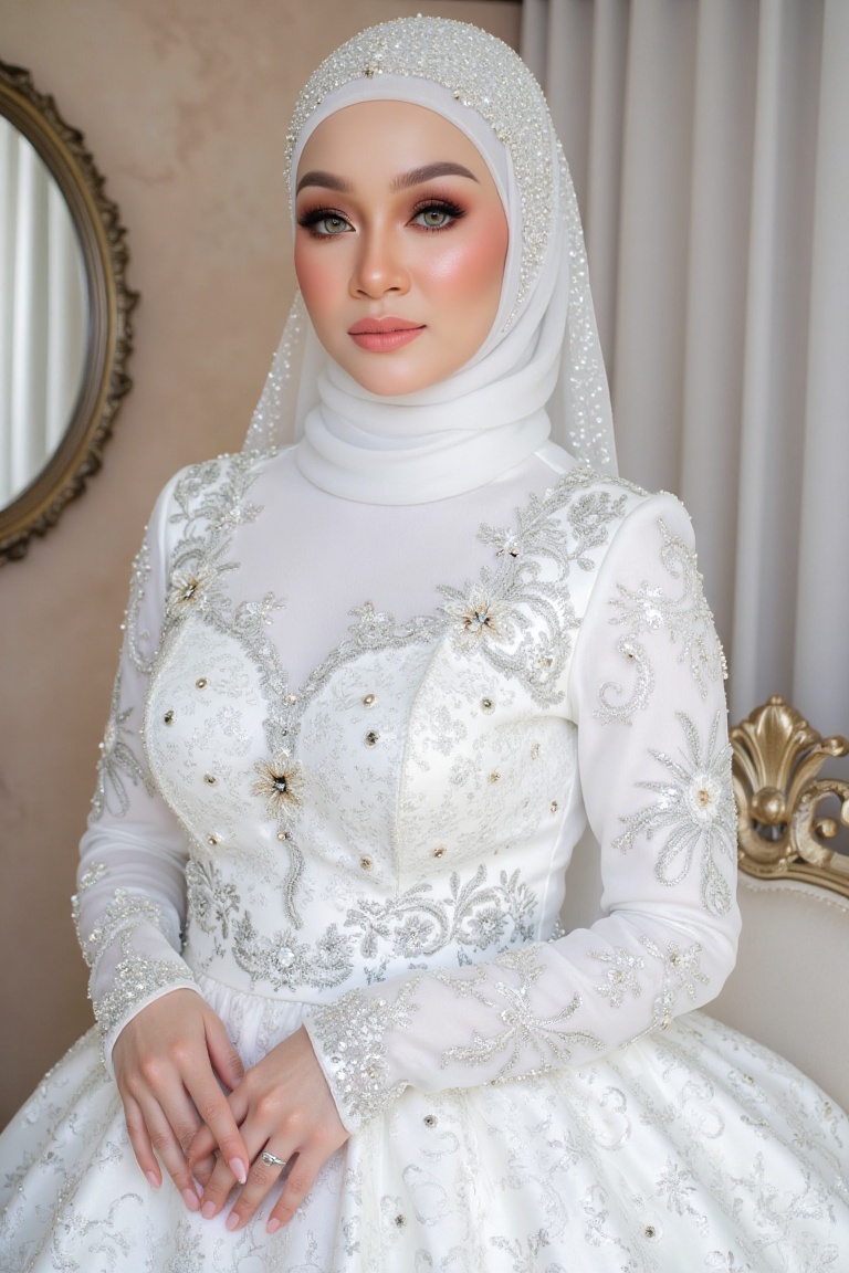 **Stunning Bride** A majestic shot framing the bride's serene expression amidst an ethereal glow,  with her delicate hijab...