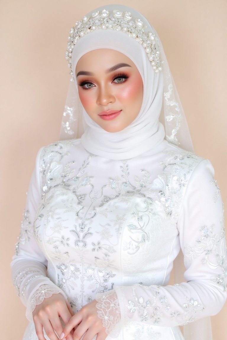 A breathtakingly beautiful bride,  radiant in her stunning white attire,  stands majestically against a soft on Tensor.Art