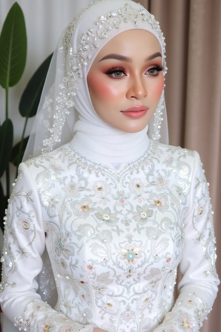 Here's a refined SD prompt: Render an image of a stunning bride standing in sharp focus,  bathed in soft,  ethereal lighti...