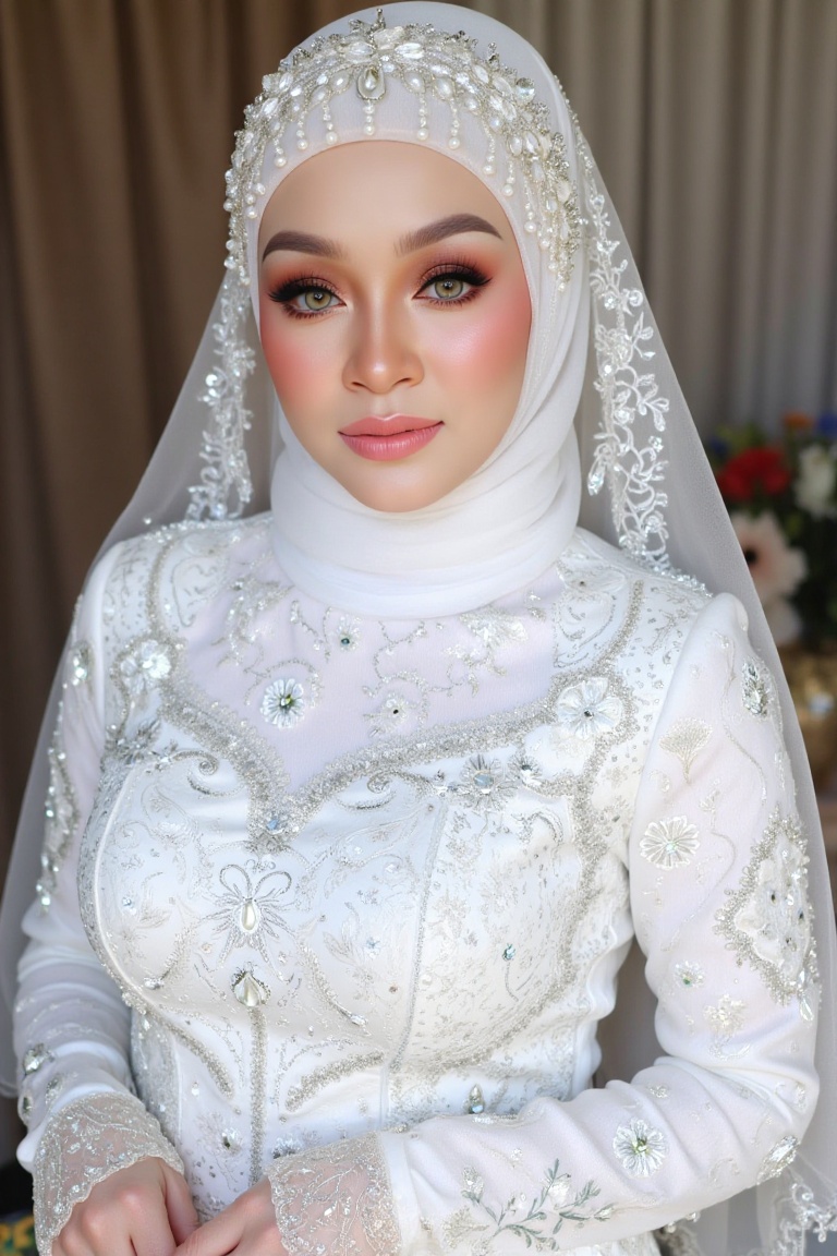 Here's a refined SD prompt: Render an image of a stunning bride standing in sharp focus,  bathed in soft,  ethereal lighti...
