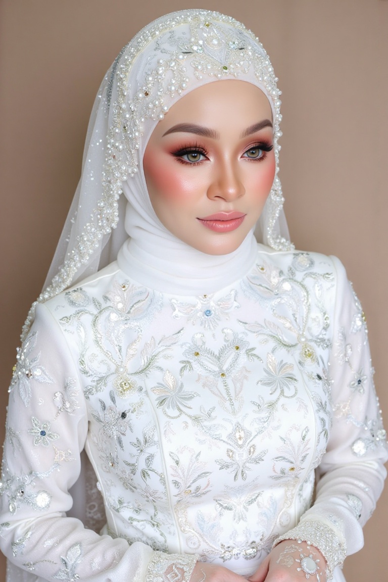 Here's a prompt for an SD image: A stunning,  contemporary bride stands in luminous splendor,  her white attire shimmering...