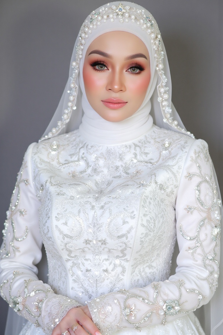 Here's a refined SD prompt: Render an image of a stunning bride standing in sharp focus,  bathed in soft,  ethereal lighti...
