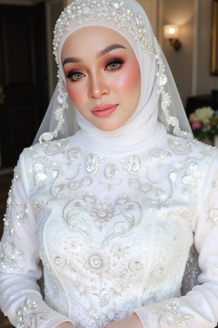 Here's a refined SD prompt: Render an image of a stunning bride standing in sharp focus,  bathed in soft,  ethereal lighti...