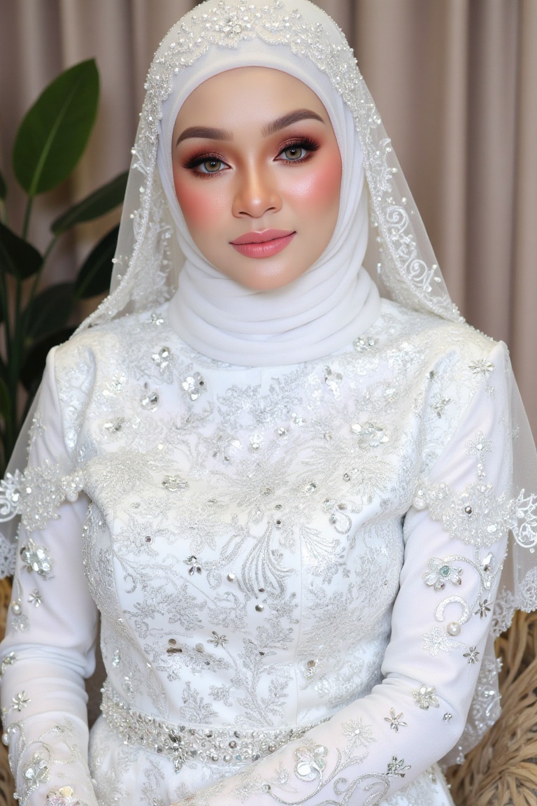 Here's a refined SD prompt: Render an image of a stunning bride standing in sharp focus,  bathed in soft,  ethereal lighti...