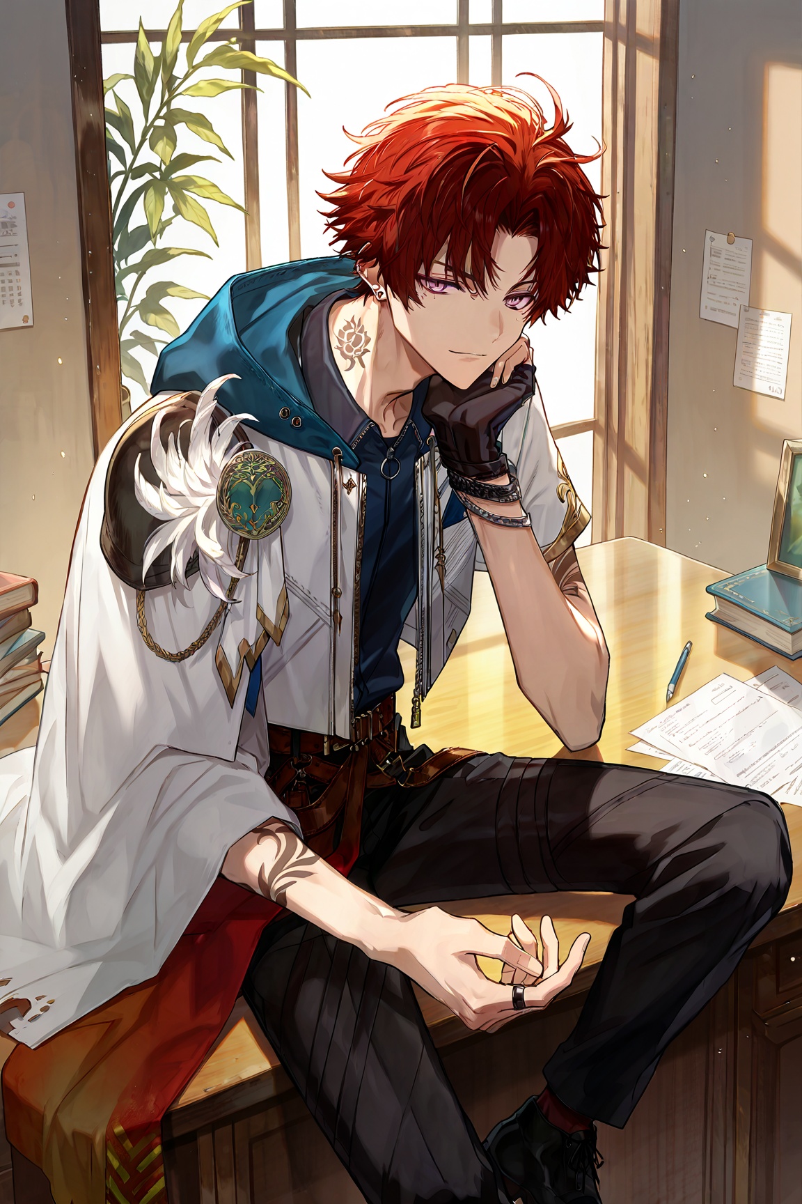 An animated image of a man. He is sitting at a desk with his hands resting on his chin.His shirt is white with a blue stri...