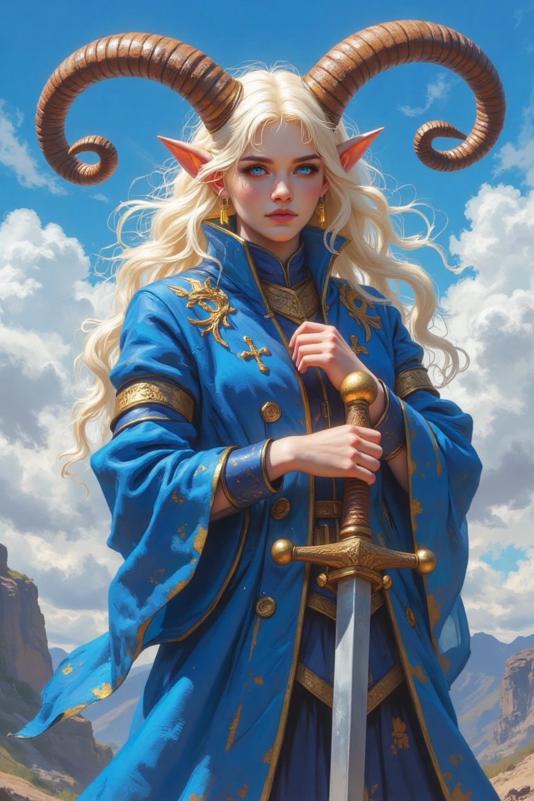 a vibrant painting of a white female warrior,  dressed in a blue coat,  adorned with gold accents. Her coat is draped in a...