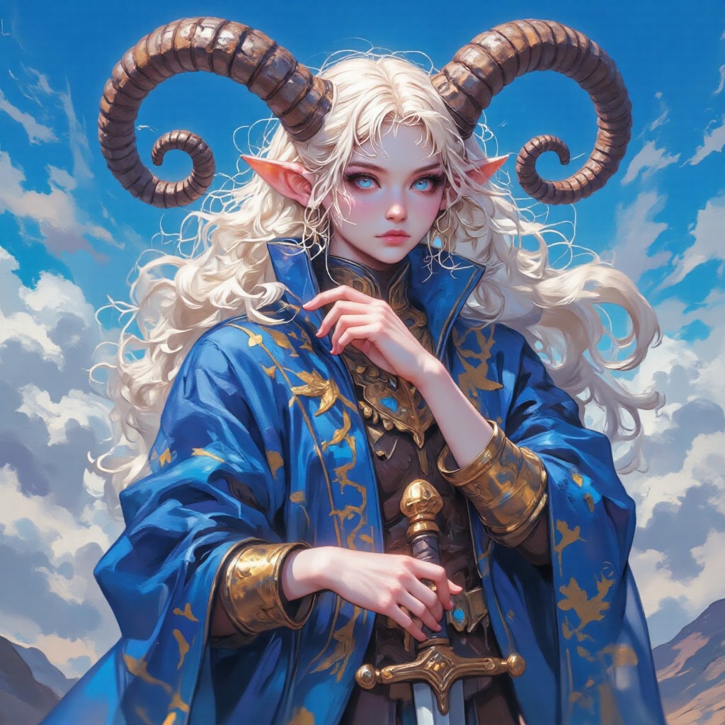 a vibrant painting of a white female warrior,  dressed in a blue coat,  adorned with gold accents. Her coat is draped in a...