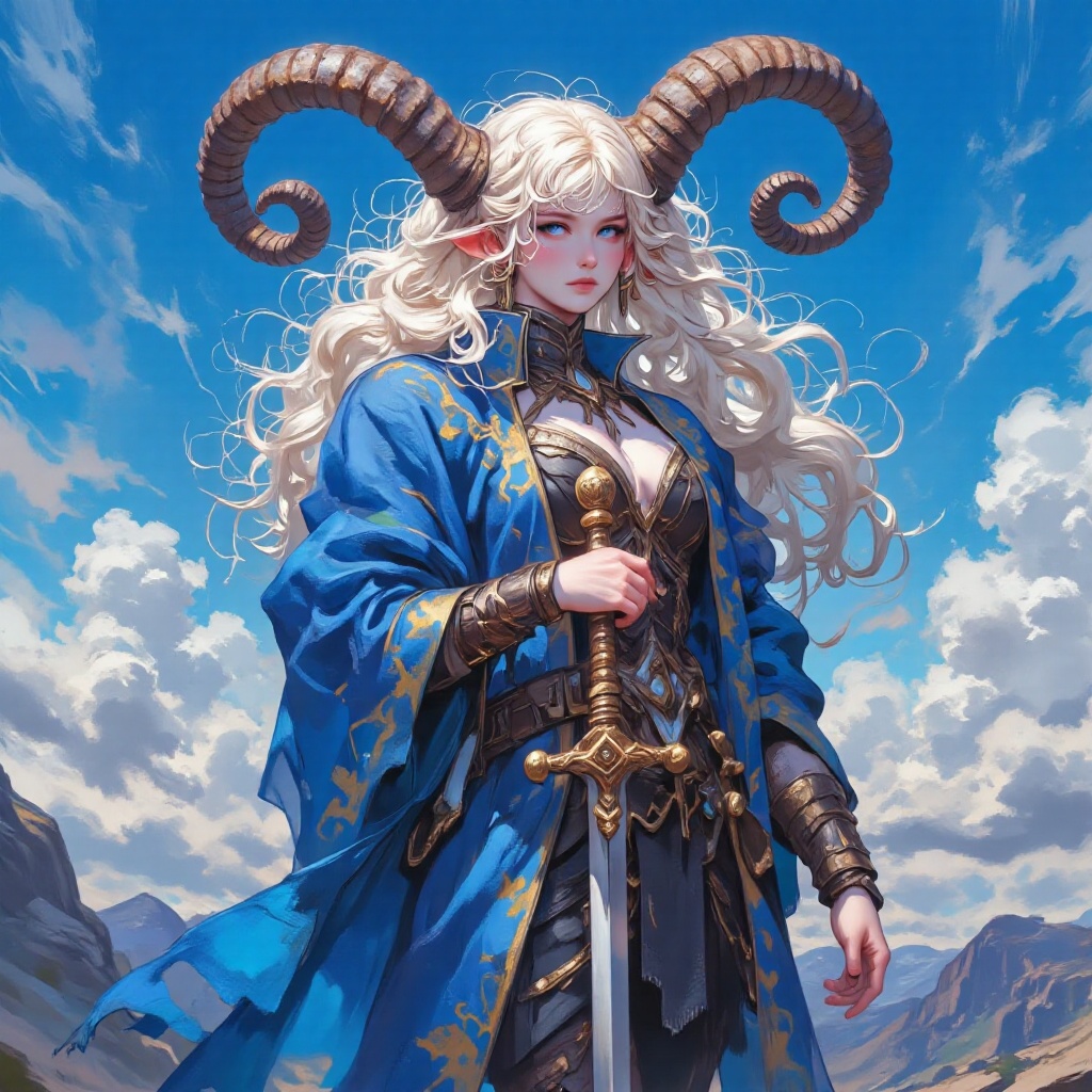a vibrant painting of a white female warrior,  dressed in a blue coat,  adorned with gold accents. Her coat is draped in a...