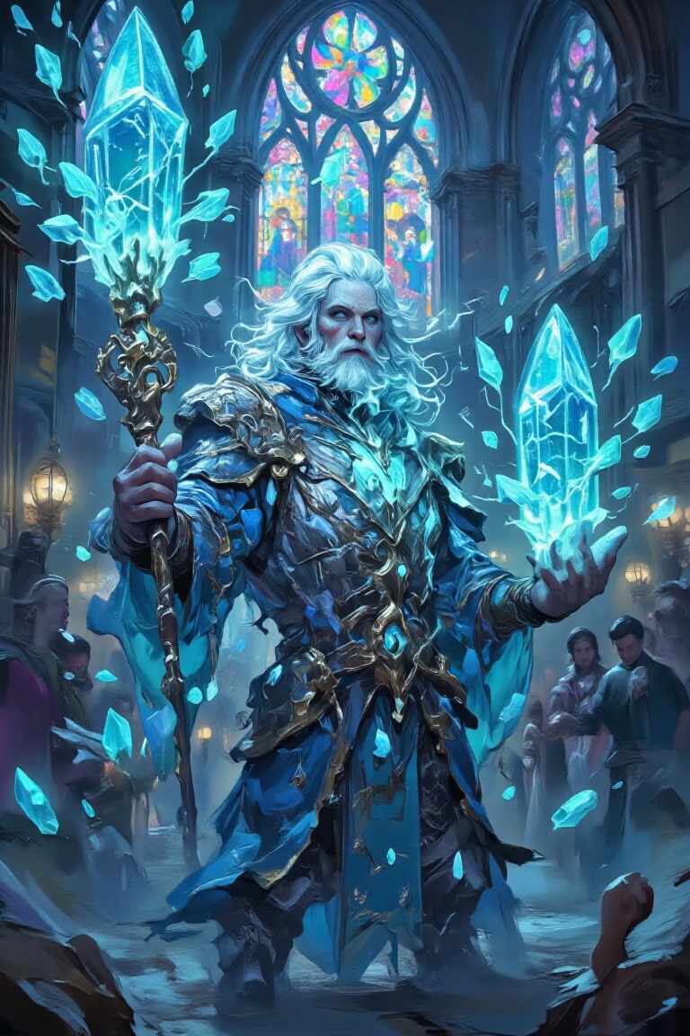 A mystical illustration in a fantasy art style featuring a powerful mage conjuring glowing blue glass orbs in a grand cath...