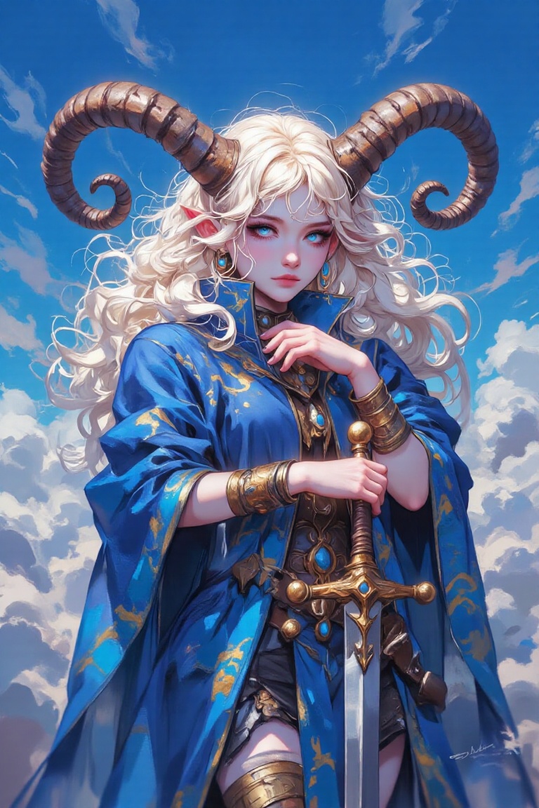 a vibrant painting of a white female warrior,  dressed in a blue coat,  adorned with gold accents. Her coat is draped in a...