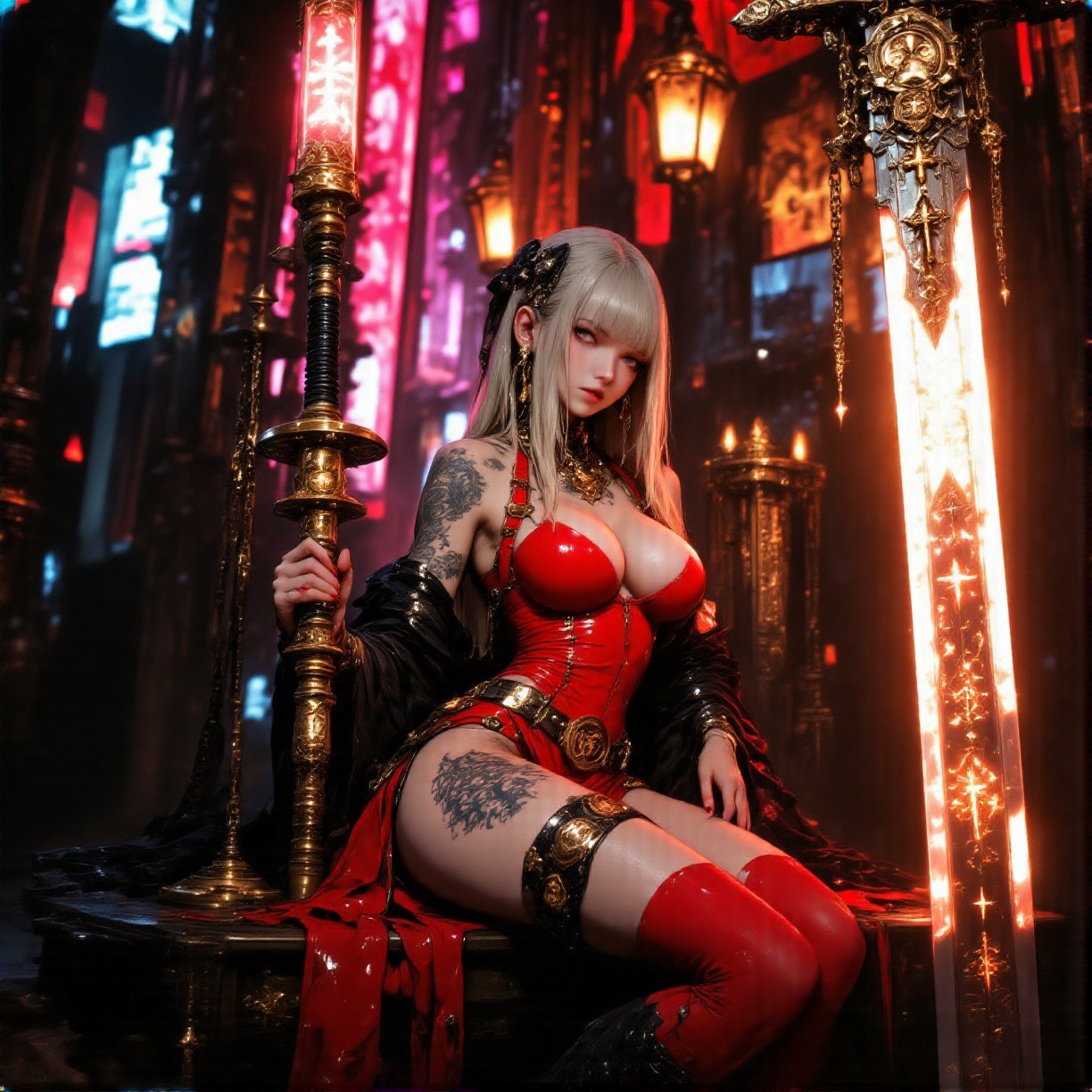 A cinematic photograph of a sultry cyberpunk mistress seated on a dark cult altar,  surrounded by neon lights and reflecti...