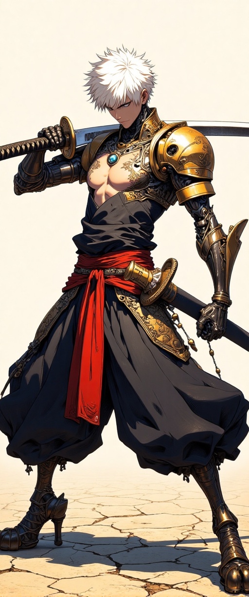 A dynamic illustration of Kuroba,  a mechanical character from Bolt & Gale,  striking a powerful pose with their large kat...