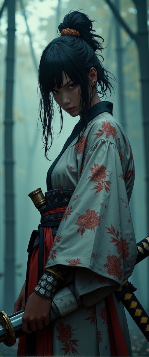 A hyper-realistic anime cinematic portrait of a young woman cosplaying as a fierce samurai-inspired manga heroine. She sta...