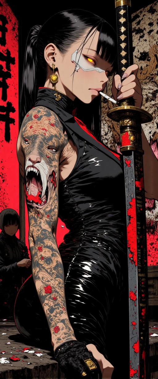 "Anime-style full-body portrait of a ruthless Yakuza queen in a dimly lit underground gambling den,  her body draped in a...