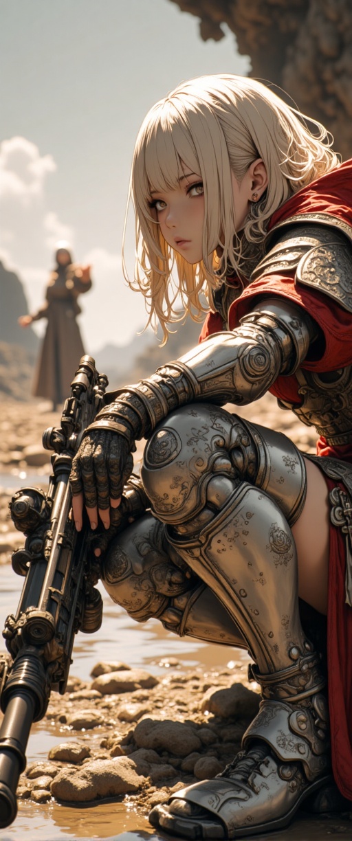 A close-up shot frames the anime-style warrior crouched in combat readiness. Soft lighting casts warm hues on her curly ha...