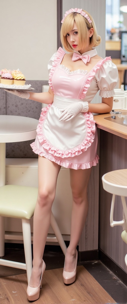 latex fetish full length photo of a beautiful waitress wearing pastel latex maid uniform with a short white waist apron de...