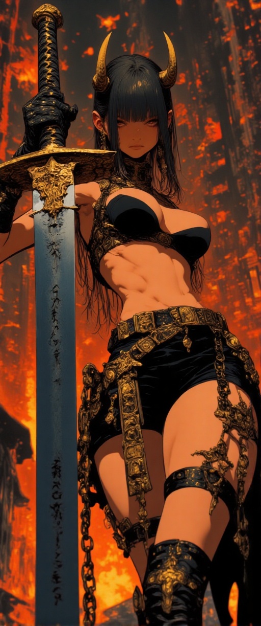A 70mm lens photograph of a striking a vibrant woman with horns on her head stands in front of a backdrop of burning build...