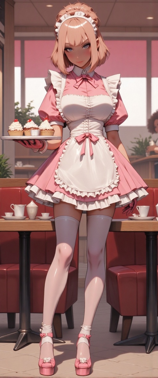 latex fetish full length photo of a beautiful waitress wearing pastel latex maid uniform with a short white waist apron de...