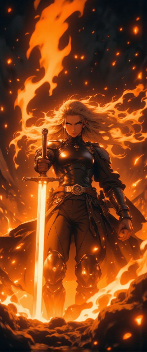 A 70mm lens photograph of a stunning Scene setting: The Valkyrie stands surrounded by flames,  wearing armor,  holding the...
