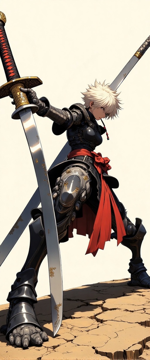 A dynamic illustration of Kuroba,  a mechanical character from Bolt & Gale,  striking a powerful pose with their large kat...
