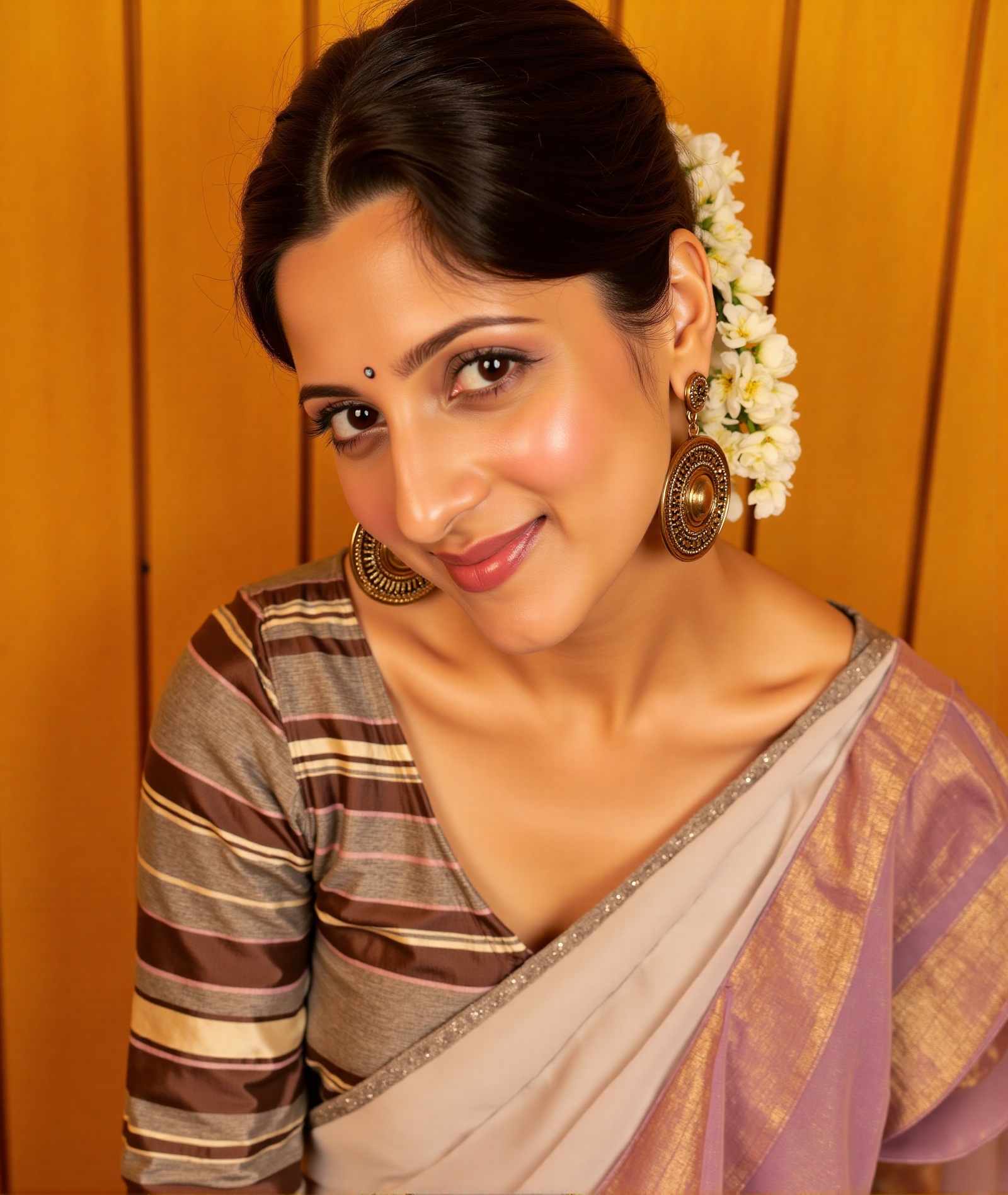 A close-up portrait of a South Asian woman,  likely of Indian heritage,  looking directly at the camera with a soft on Ten...