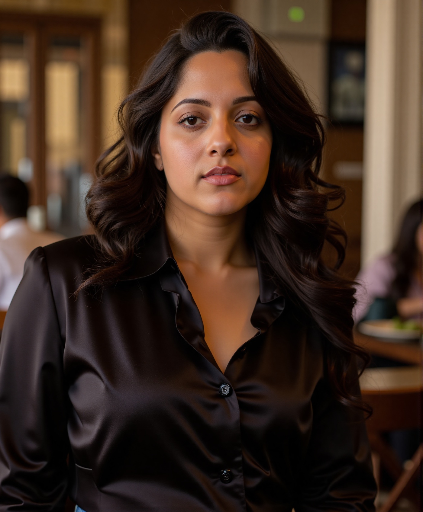 A upper body shot of a brown woman with long dark brown hair standing,  a black satin shirt in a cafe. Her eyes are wide o...