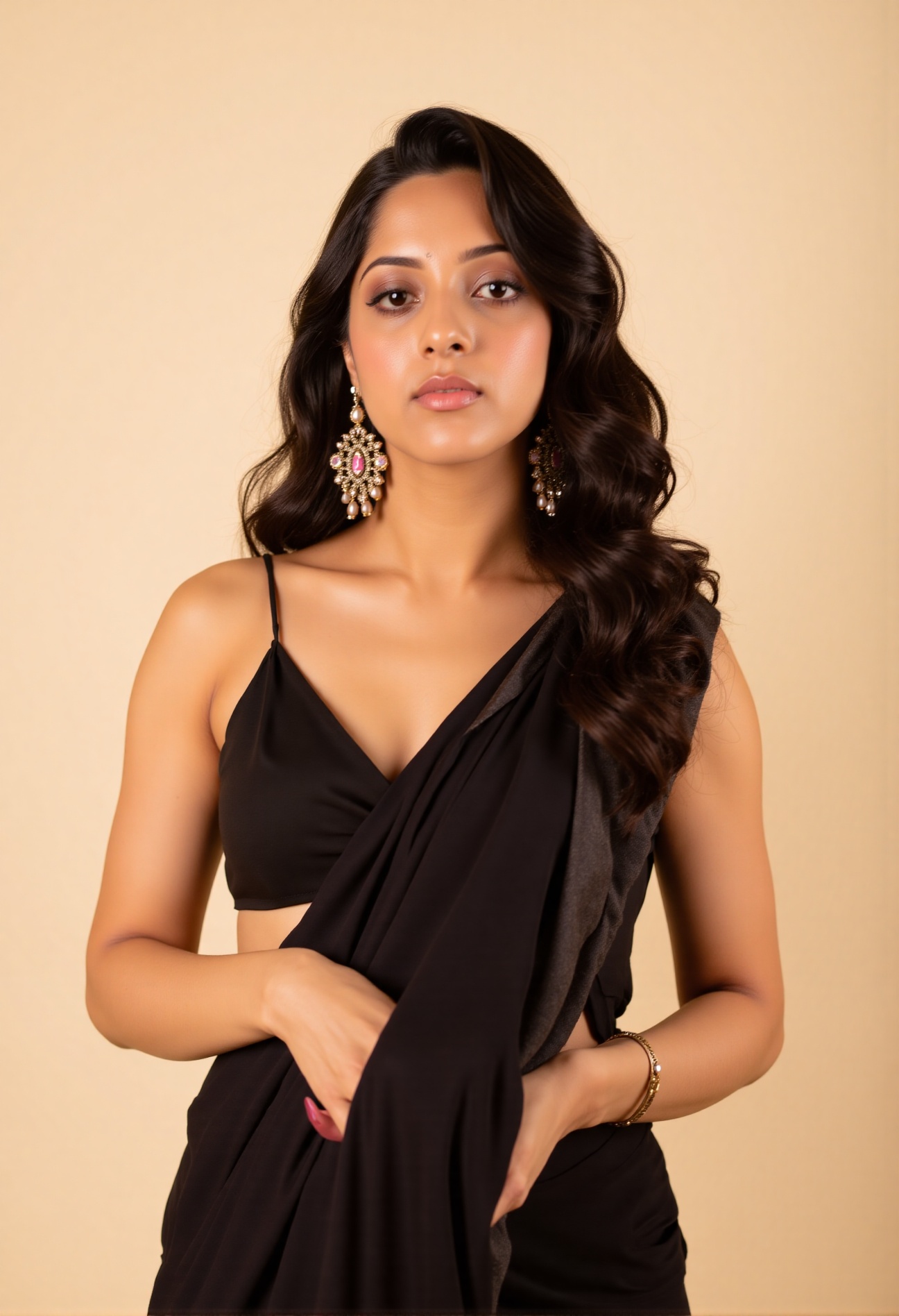 a full-shot portrait of a South Asian woman in her with long,  wavy,  dark brown hair. She has a natural complexion with l...
