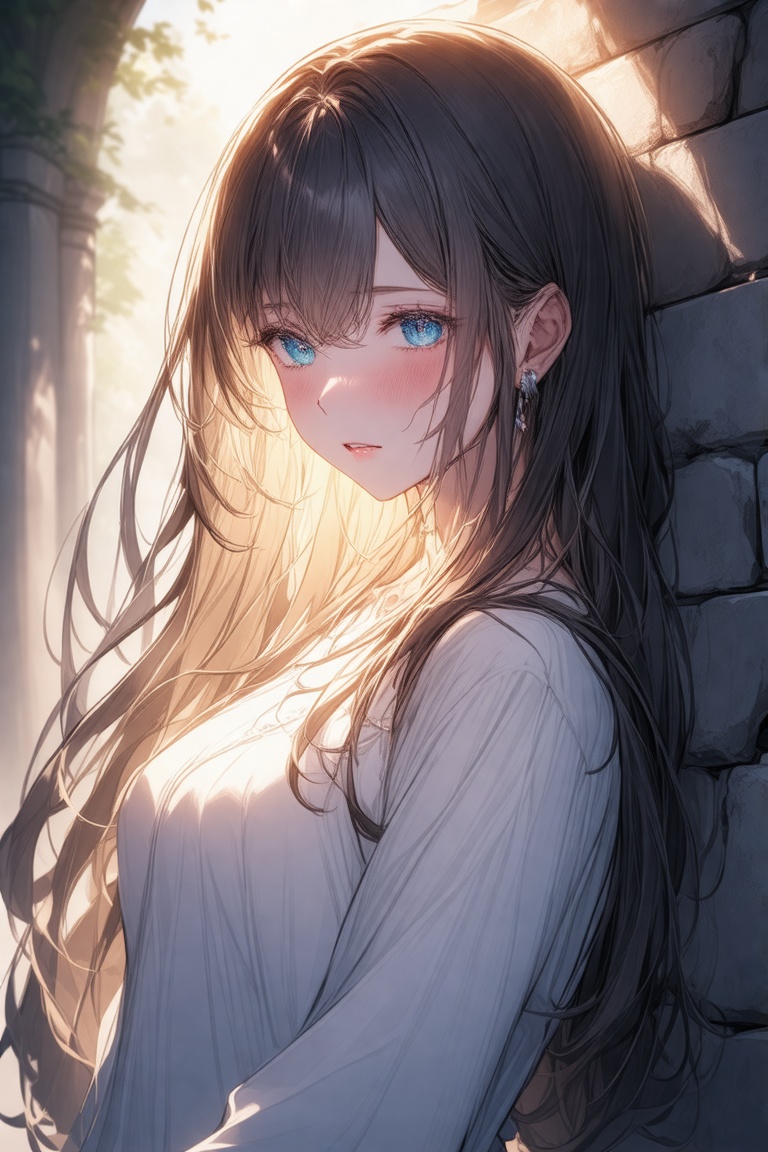 ry012_style. A soft focus captures the gentle gaze of a young woman,  her long hair softly framing her heart-shaped face a...