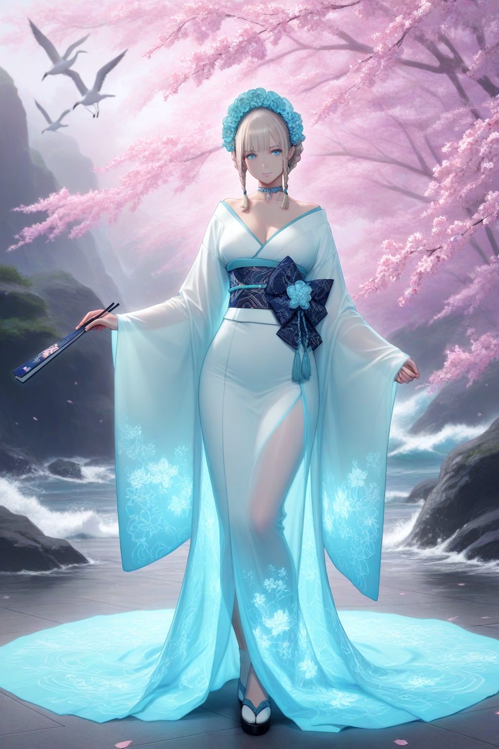 A futuristic fashion runway concept with a beautiful Caucasian woman in the center. She is wearing a traditional Japanese...
