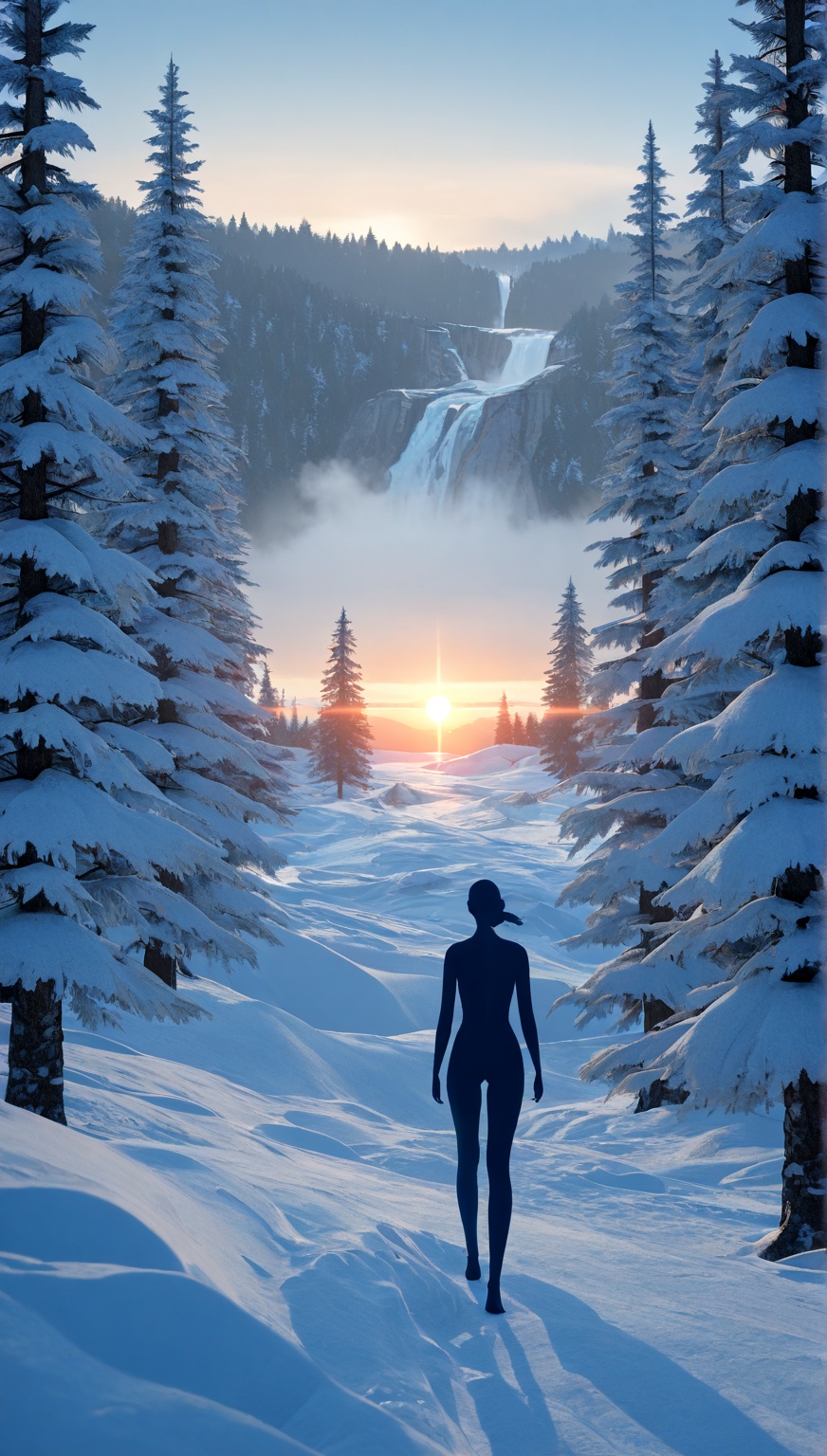 Full-length ultra realistic sunrise in the mountains,  pine trees,  small waterfall on Tensor.Art