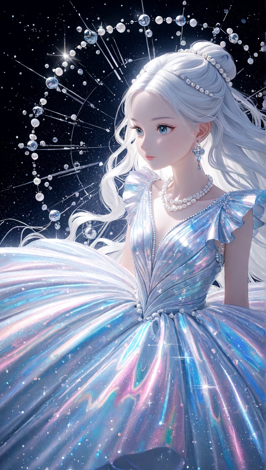silhouette of a girl,  hair made of pearl threads ,  dress made of large and small shiny pearls on Tensor.Art