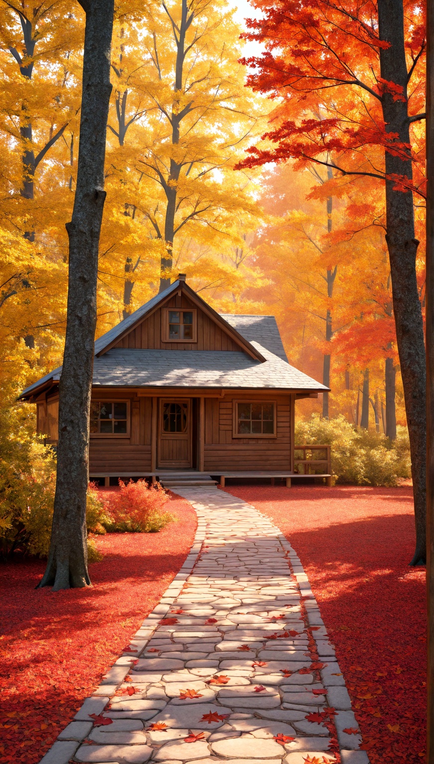 An autumn landscape inscribed in the outline of a red leaf. Inside the leaf there is a small wooden house with a path lead...