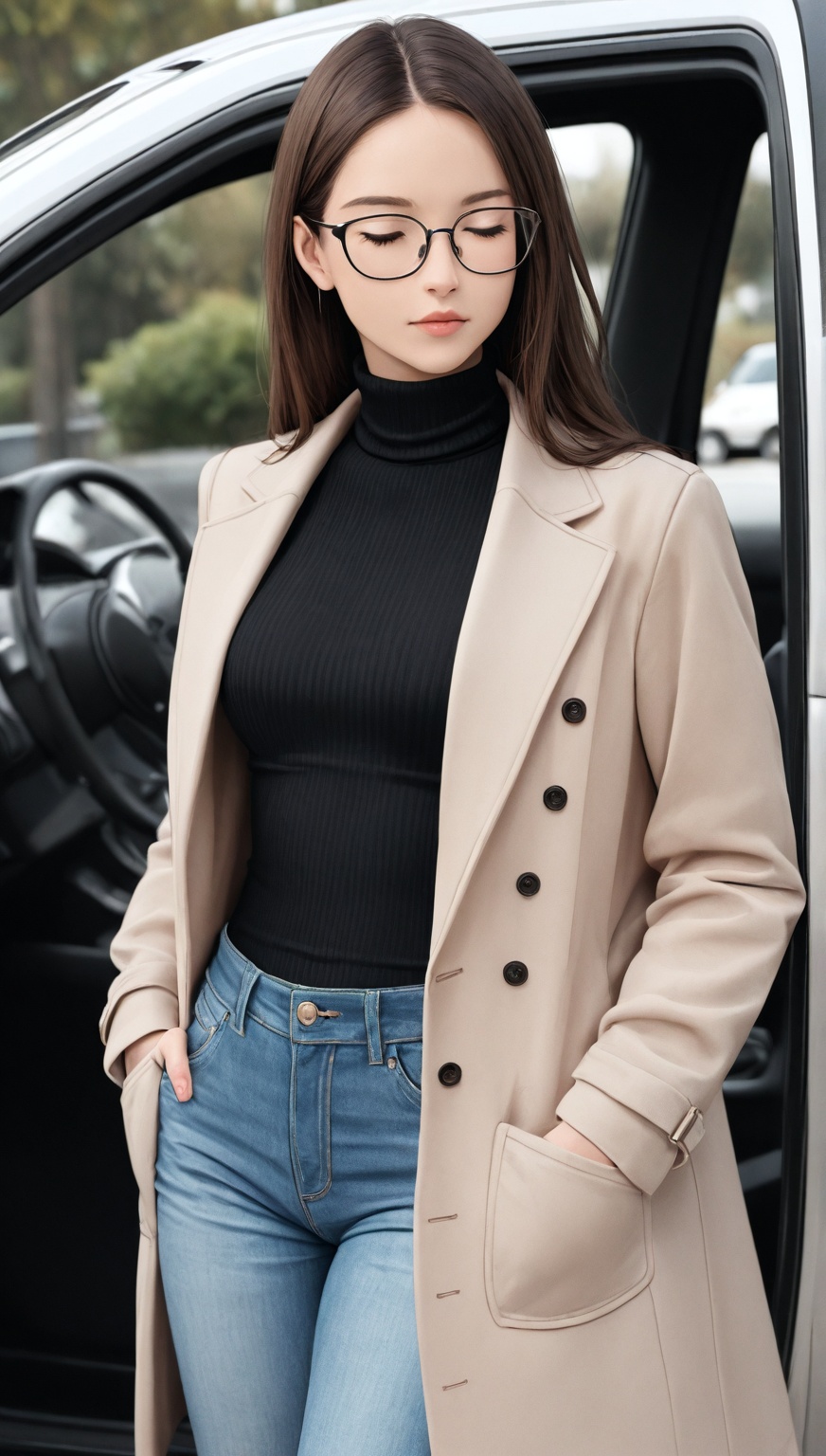 brunette girl. in closed clothes on the background. black turtleneck and jeans. she is wearing eyeglasses. she's standing...