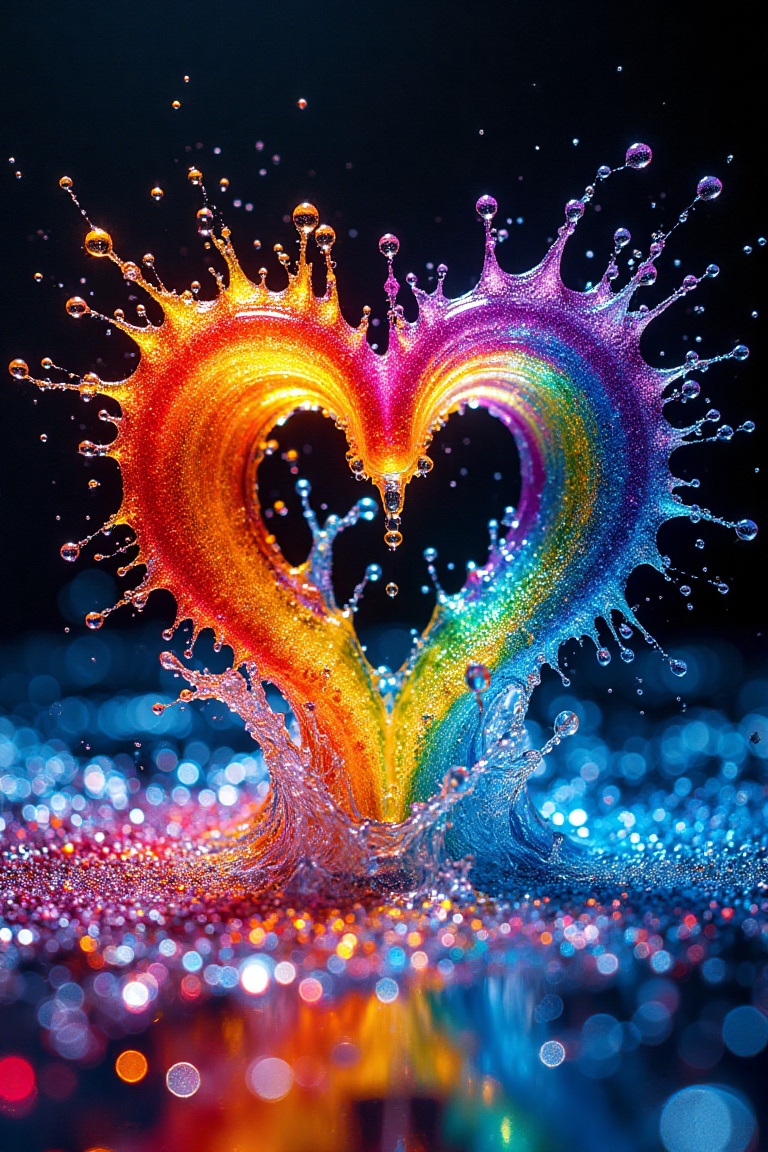 A dramatic 8K UHD shot of a vibrant heart shape formed from a luminous splash of rainbow-colored water. The framing captur...