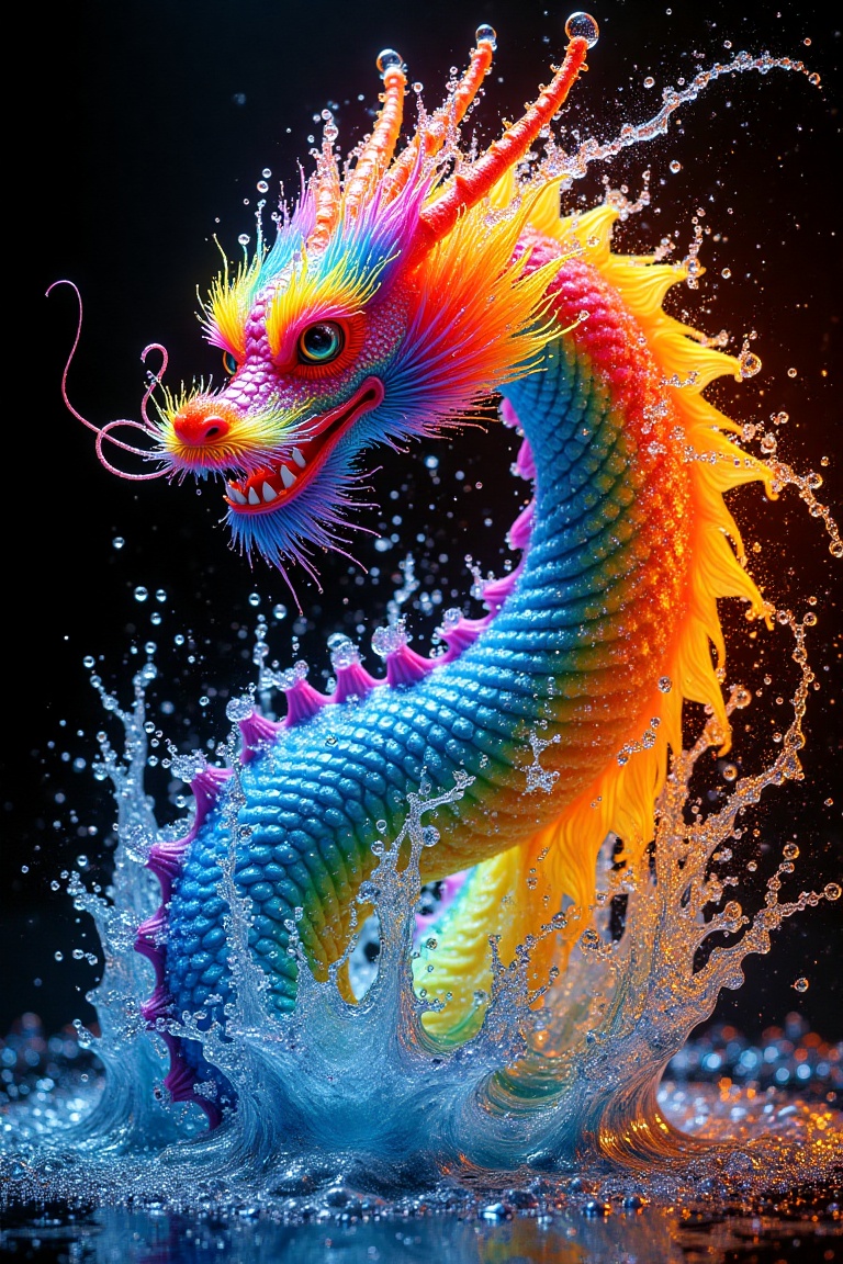A dramatic UHD shot of a vibrant Chinese dragon formed from a luminous splash of rainbow-colored water. The framing captur...