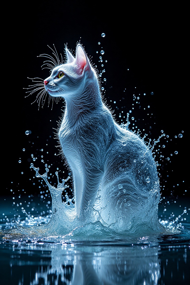A dramatic,  epic shot of a luminous splash forming the shape of a cat. The framing captures the fluid motion mid-air,  wi...
